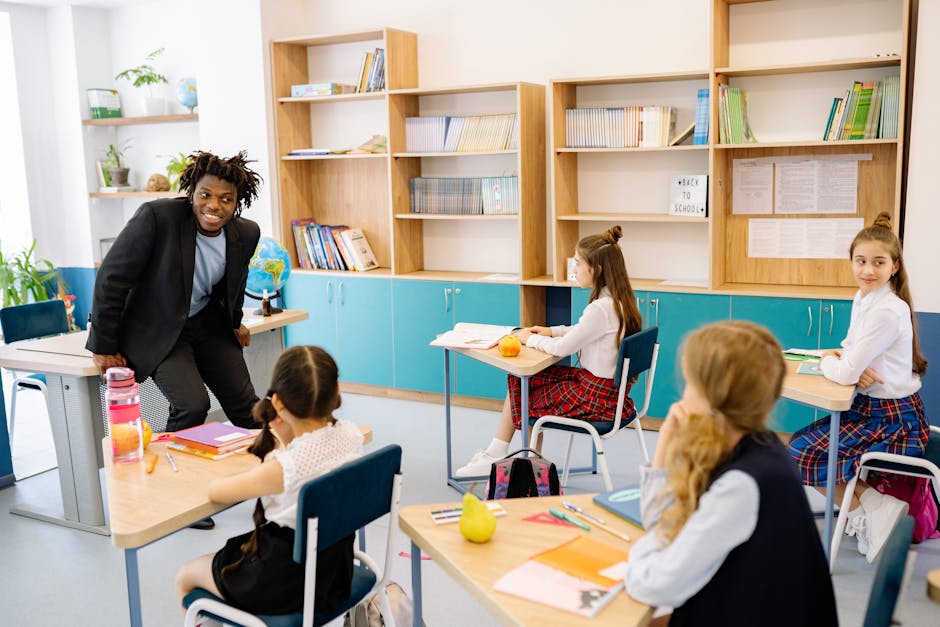 Teacher engaging students in a bright classroom, fostering interactive learning.