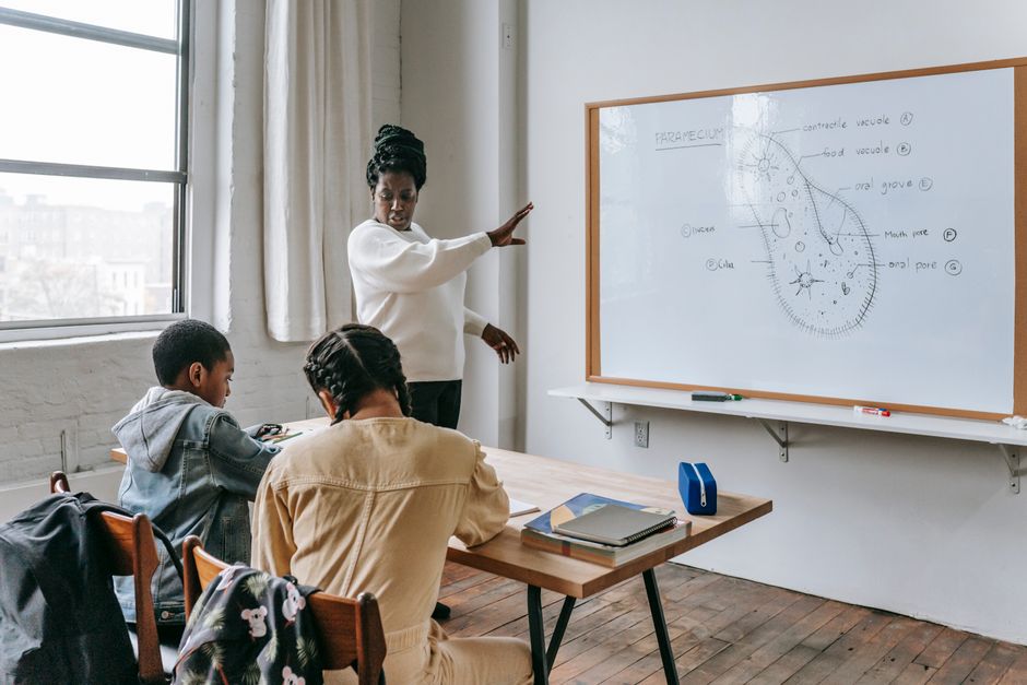 Female teacher standing near whiteboard giving lecture to students during biology lesson